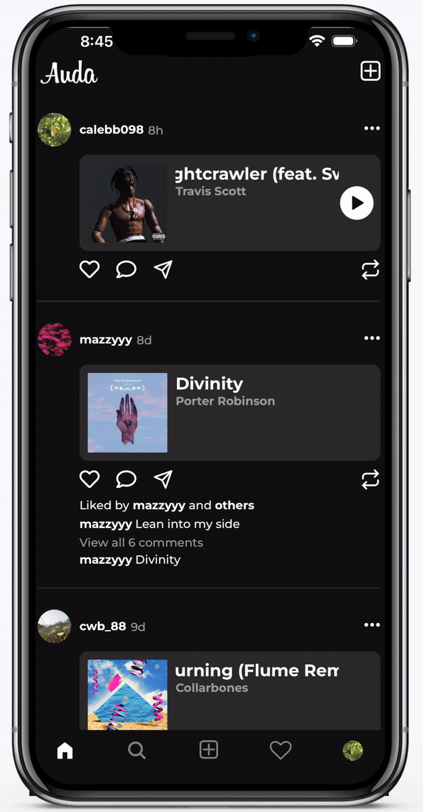Audia app demo showing music sharing features